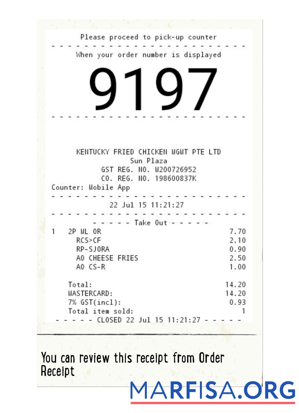 Blank KFC payment check real example